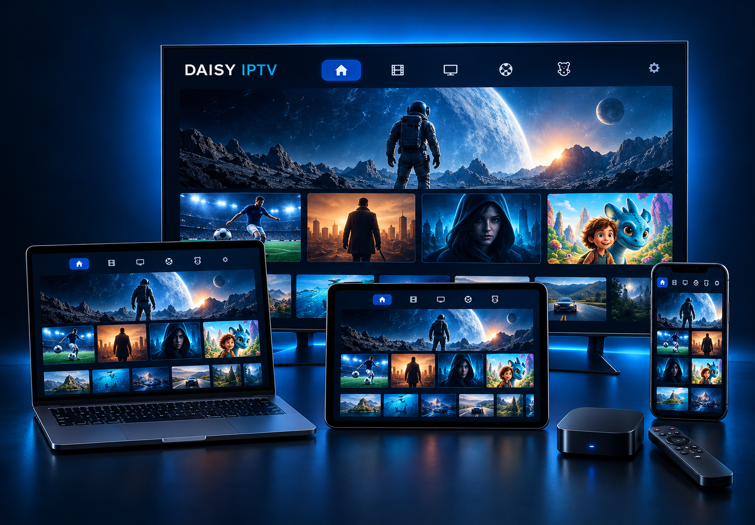 Daisy IPTV on smart TV, laptop, tablet, smartphone and streaming box